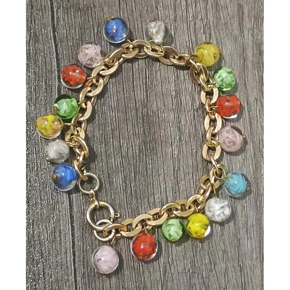 Murano Glass Red Green Blue Pink Yellow Charm Gold Tone Vintage Bracelet